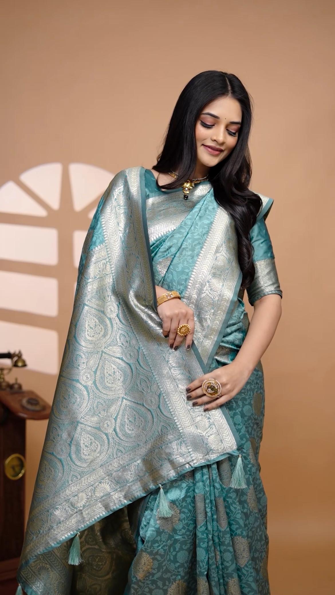 Classic Pastal Teal Banarasi Silk Saree With Golden Zari & Ornate Pallu