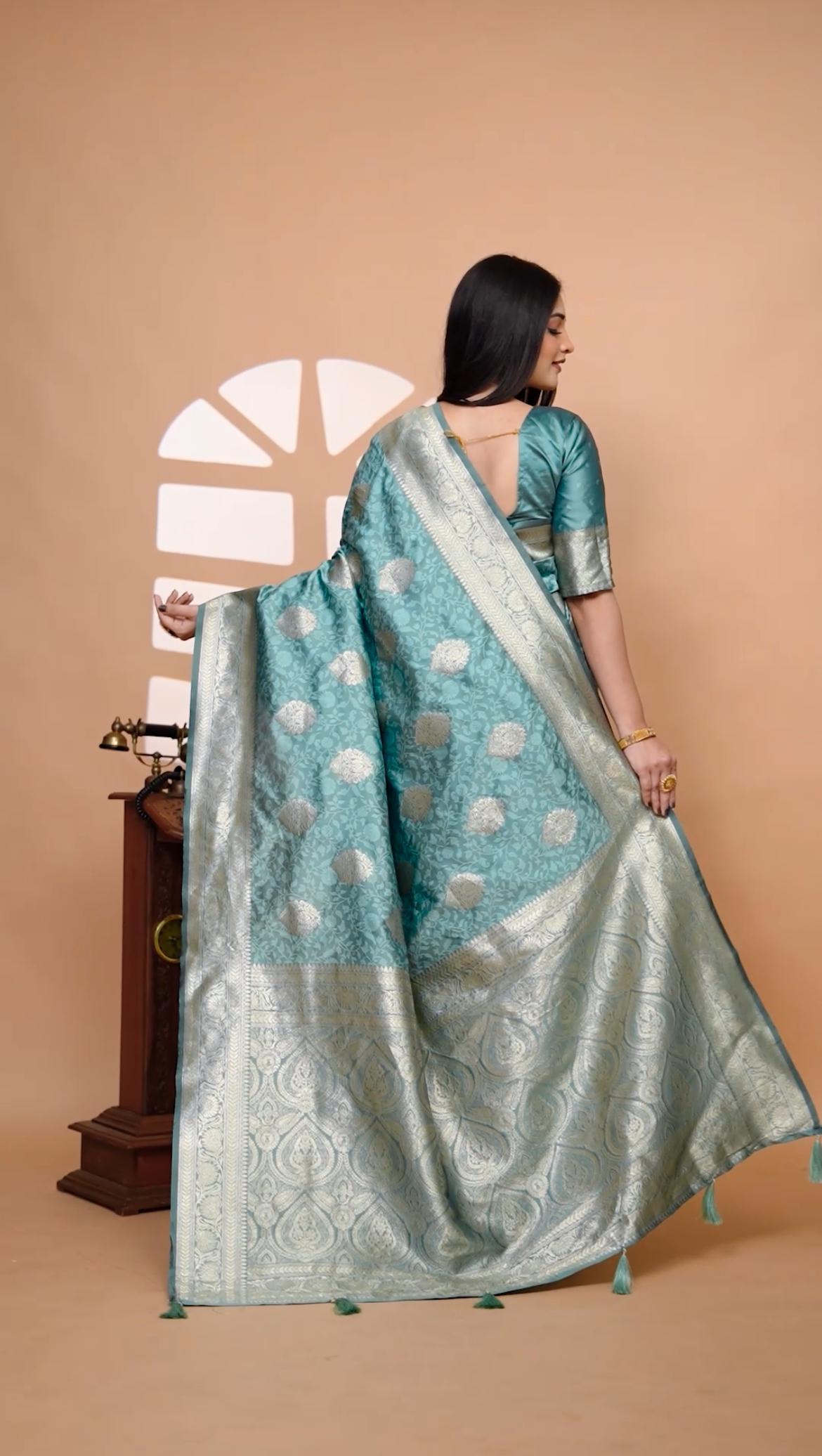 Classic Pastal Teal Banarasi Silk Saree With Golden Zari & Ornate Pallu