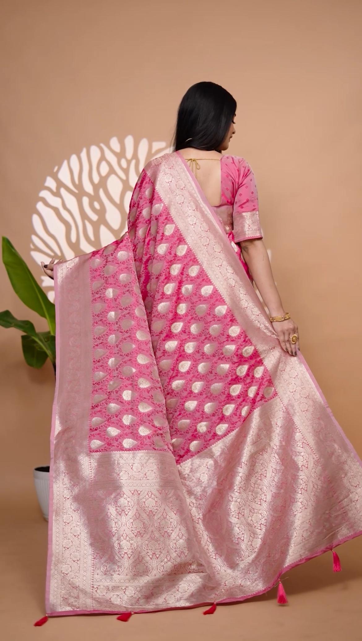 Sophisticated Pink Banarasi Silk Saree With Golden Zari Weaving