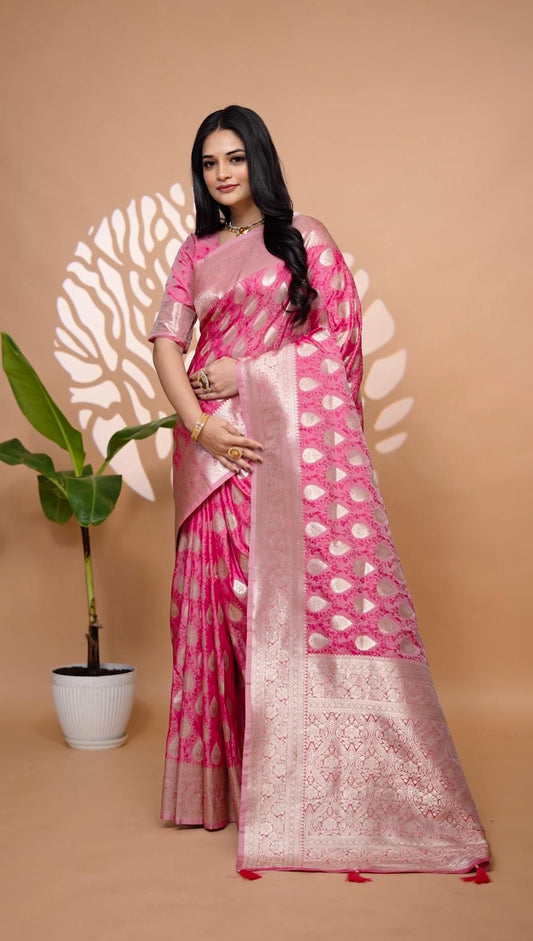 Sophisticated Pink Banarasi Silk Saree With Golden Zari Weaving