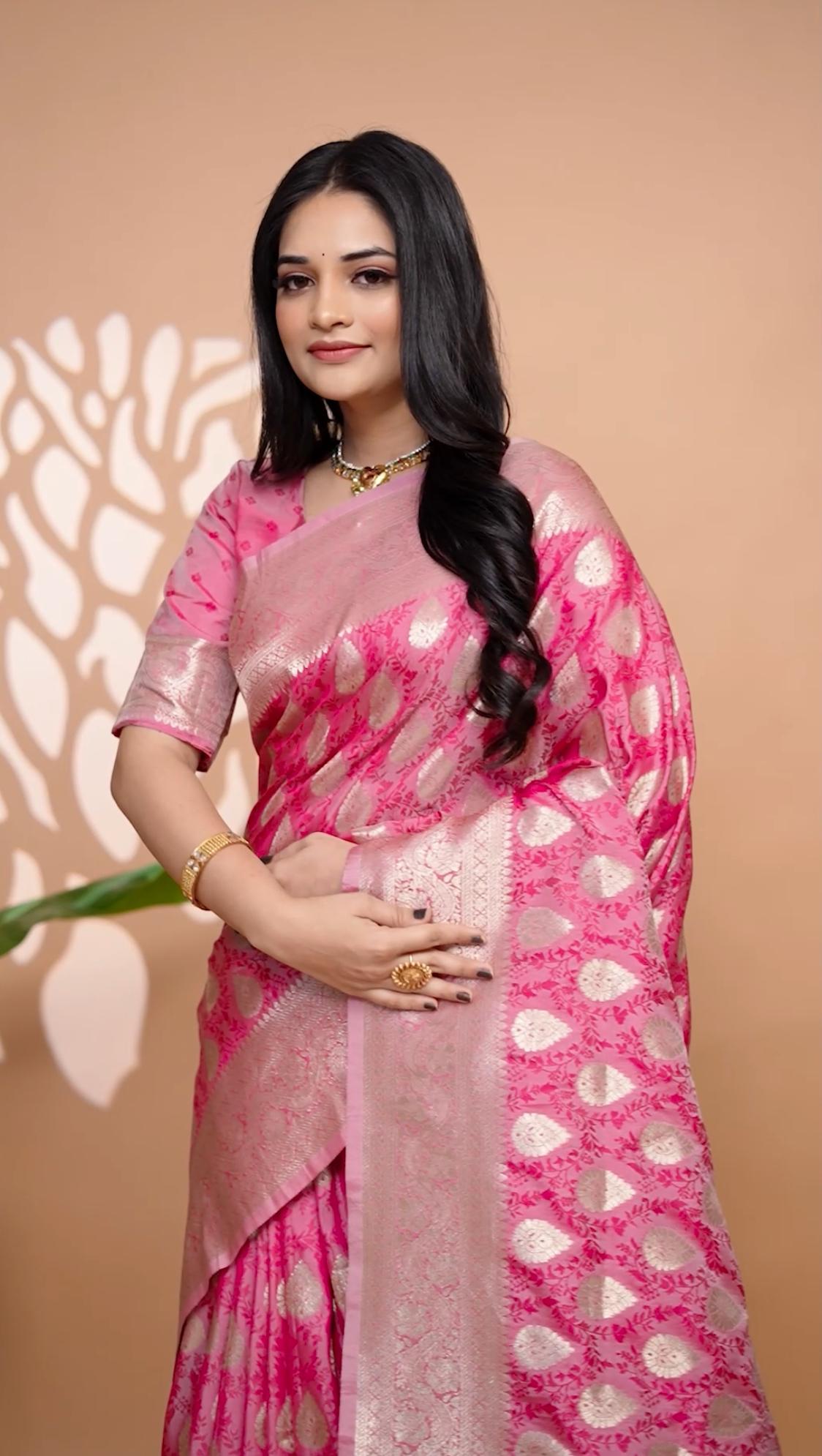 Sophisticated Pink Banarasi Silk Saree With Golden Zari Weaving