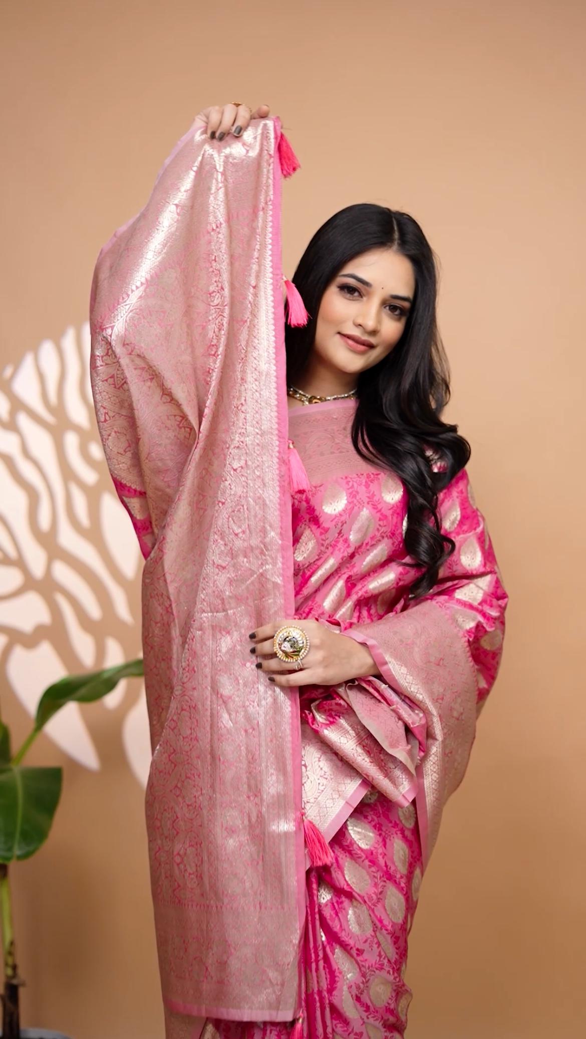 Sophisticated Pink Banarasi Silk Saree With Golden Zari Weaving