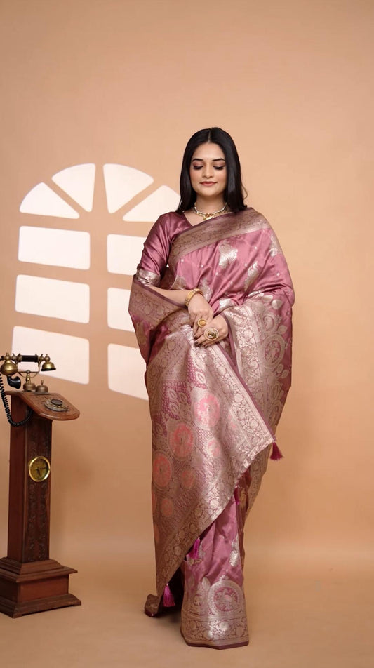 Charming Rose Pink Banarasi Silk Saree With Silver Zari Weaving