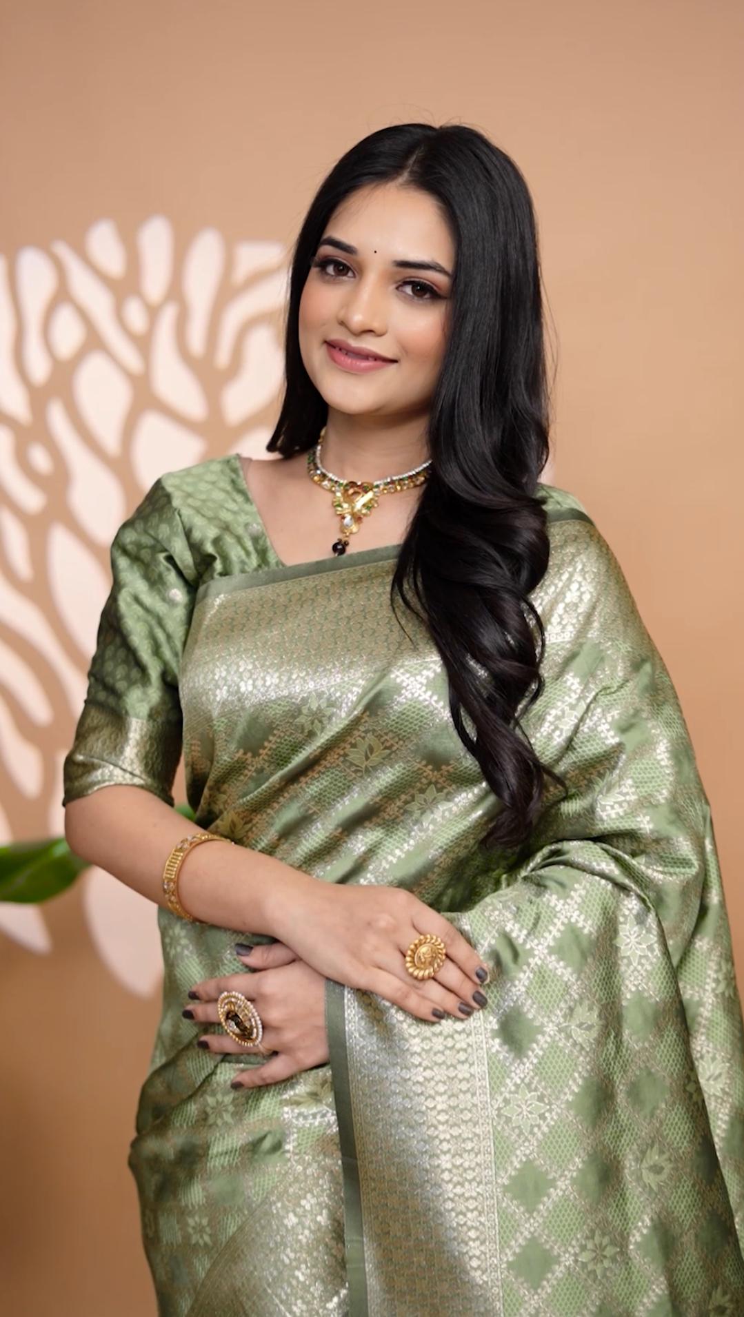 Elegant Light Green Banarasi Silk Saree With Golden Zari Weaving