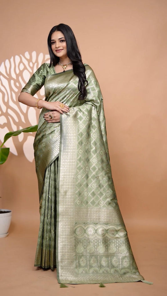 Elegant Light Green Banarasi Silk Saree With Golden Zari Weaving