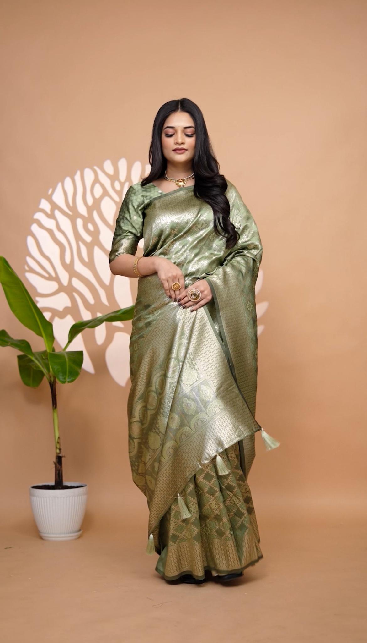 Elegant Light Green Banarasi Silk Saree With Golden Zari Weaving