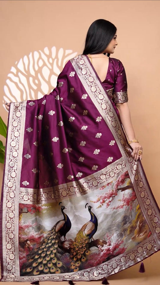 Royal Purple Banarasi Silk Saree With Peacock Pallu Design