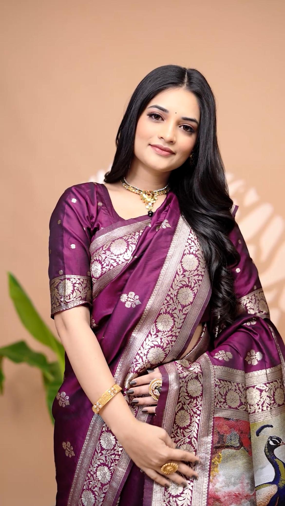 Royal Purple Banarasi Silk Saree With Peacock Pallu Design