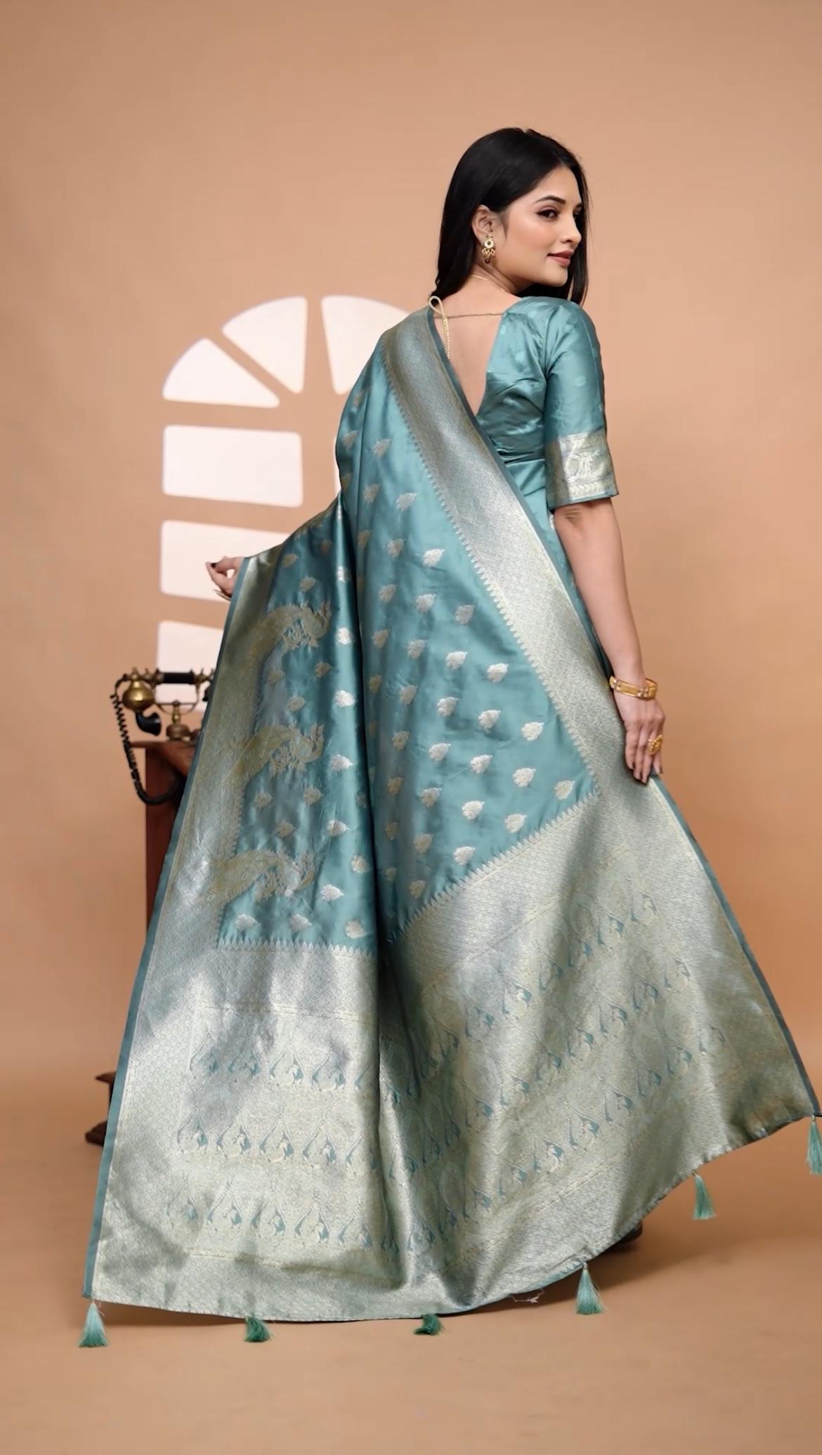 Elegant Mint Green Banarasi Silk Saree With Zari Weaving