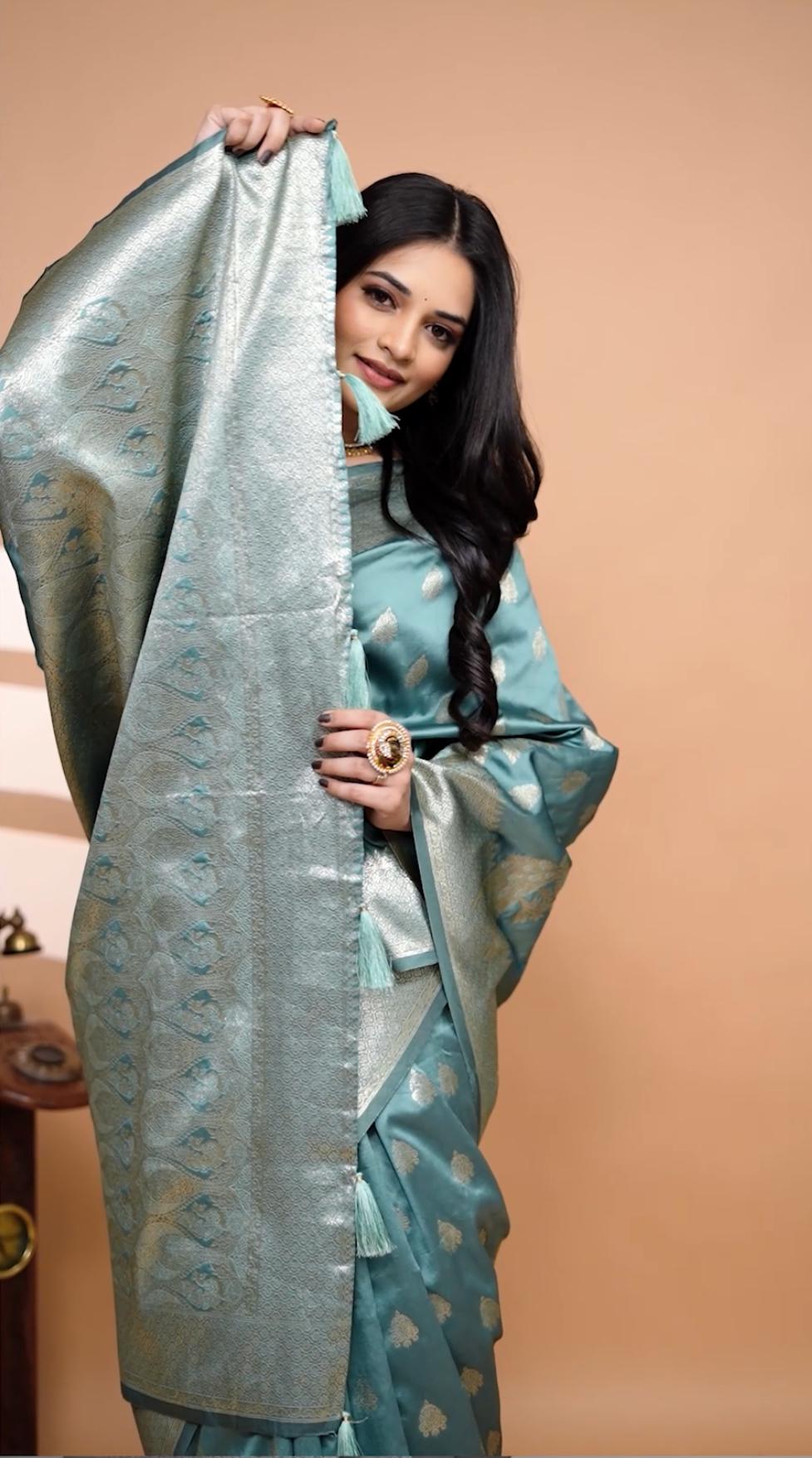 Elegant Mint Green Banarasi Silk Saree With Zari Weaving