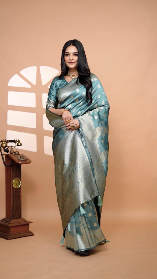 Elegant Mint Green Banarasi Silk Saree With Zari Weaving