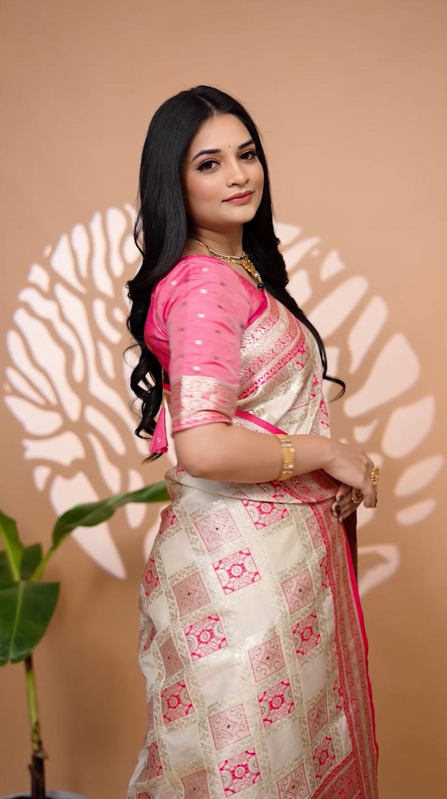 Elegant Cream & Pink Banarasi Silk Saree With Zari Weaving