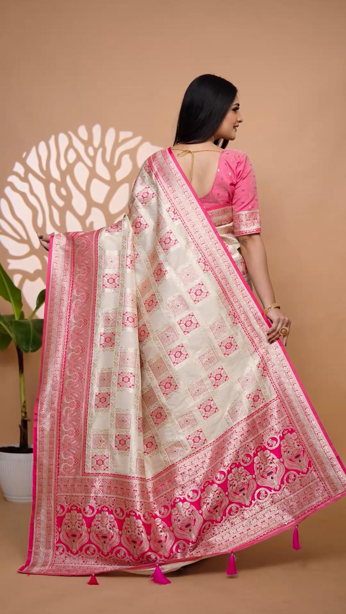 Elegant Cream & Pink Banarasi Silk Saree With Zari Weaving