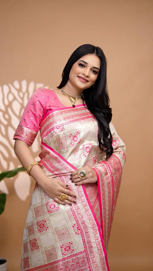 Elegant Cream & Pink Banarasi Silk Saree With Zari Weaving