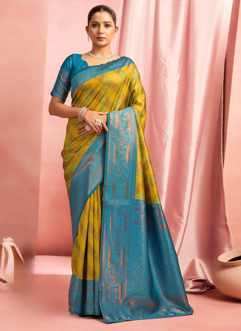 Elegant Lemon Kanjivaram Silk Saree With Shine Zari Work
