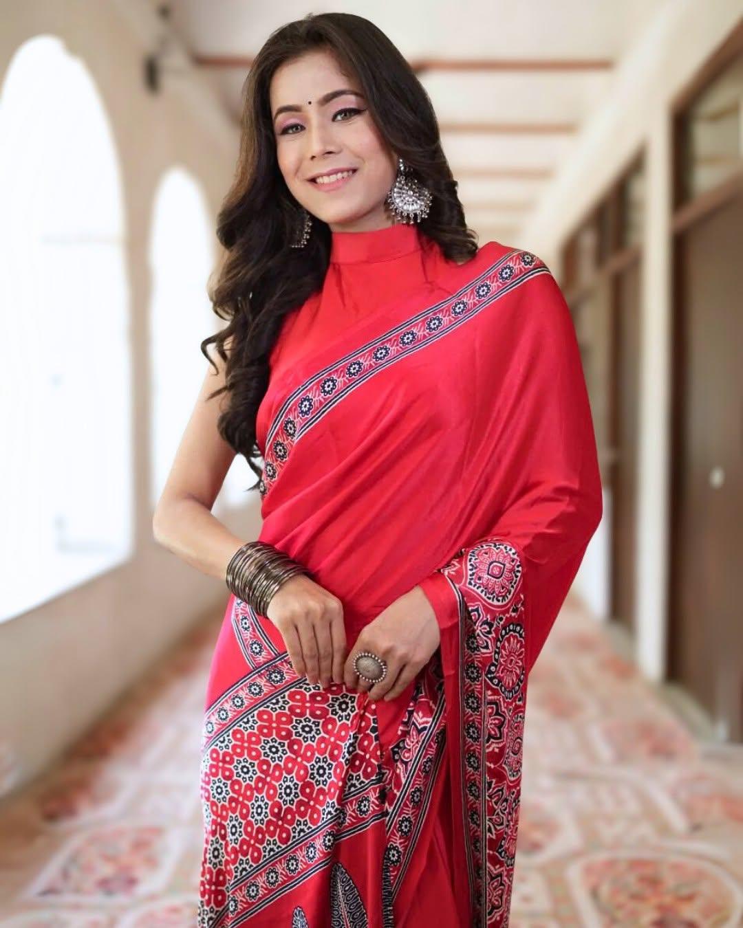 Delightful Pure Gajji Silk Saree In Ajarakh Pattern