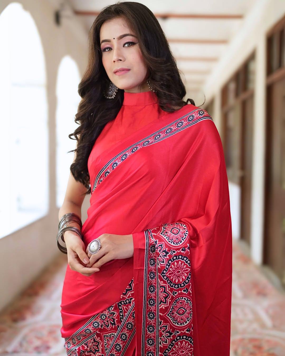 Delightful Pure Gajji Silk Saree In Ajarakh Pattern