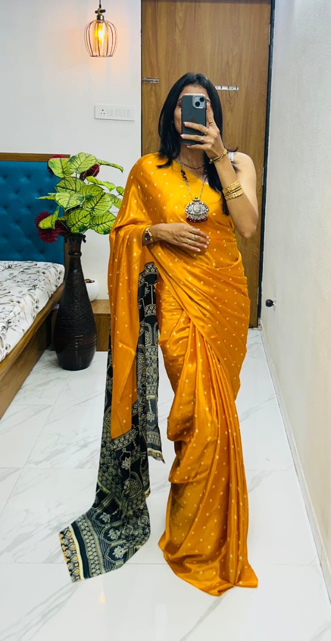 Elegant Pure Gajji Silk Saree In Ajarakh Pattern