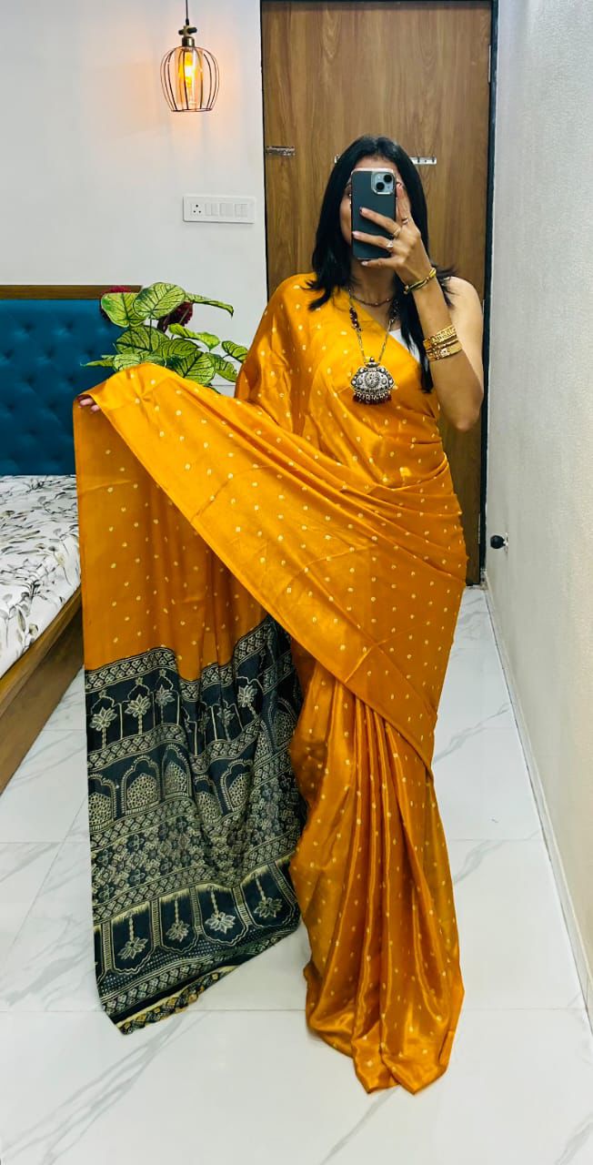 Elegant Pure Gajji Silk Saree In Ajarakh Pattern