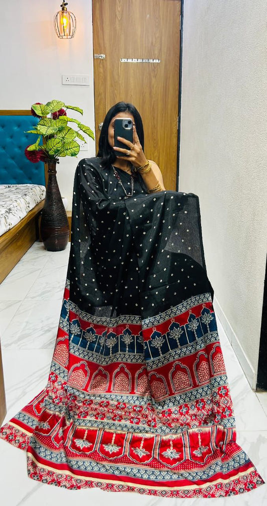 Elegant Pure Gajji Silk Saree In Ajarakh Pattern