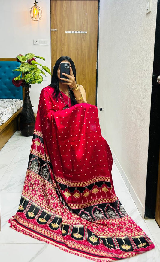 Elegant Pure Gajji Silk Saree In Ajarakh Pattern