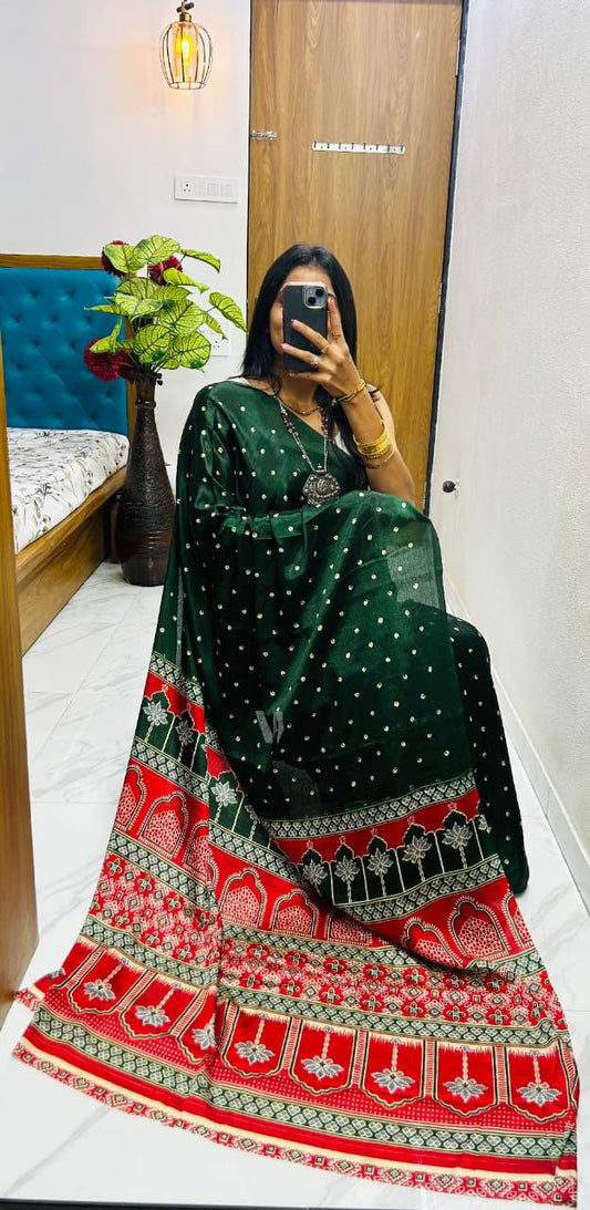 Elegant Pure Gajji Silk Saree In Ajarakh Pattern