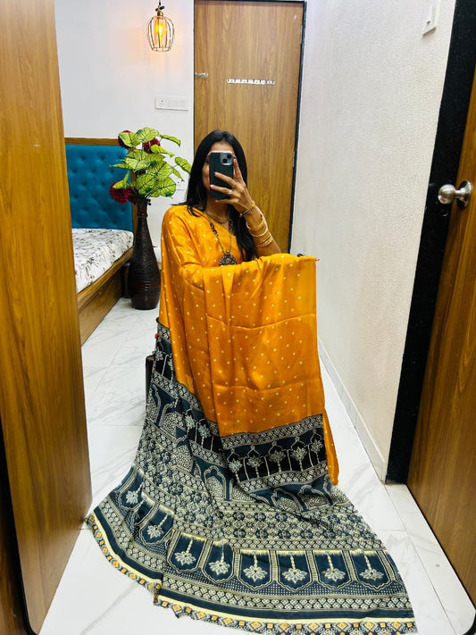 Elegant Pure Gajji Silk Saree In Ajarakh Pattern