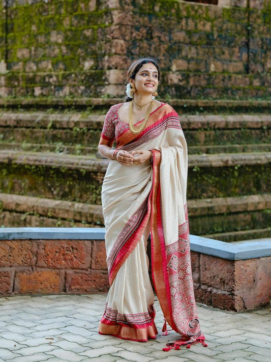 Designer Ajrakh Silk Saree With Temple Border