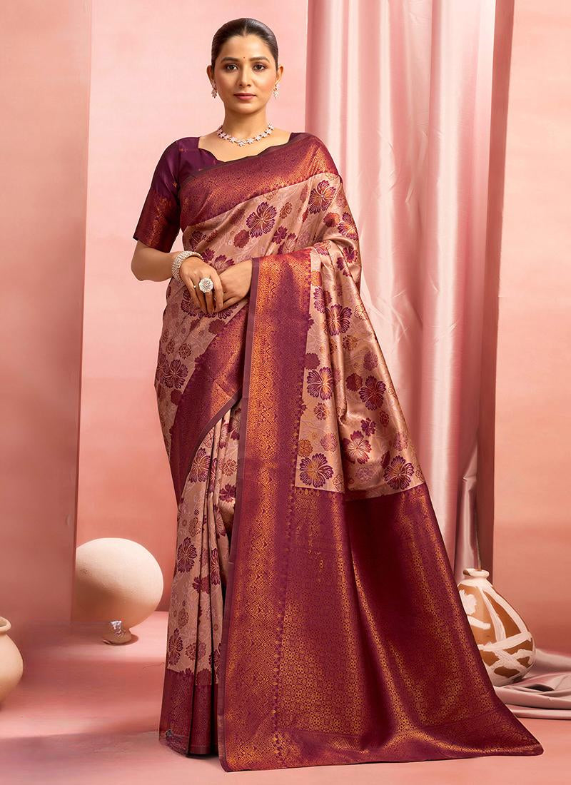 Elegant Peach Kanjivaram Silk Saree With Shine Zari Work