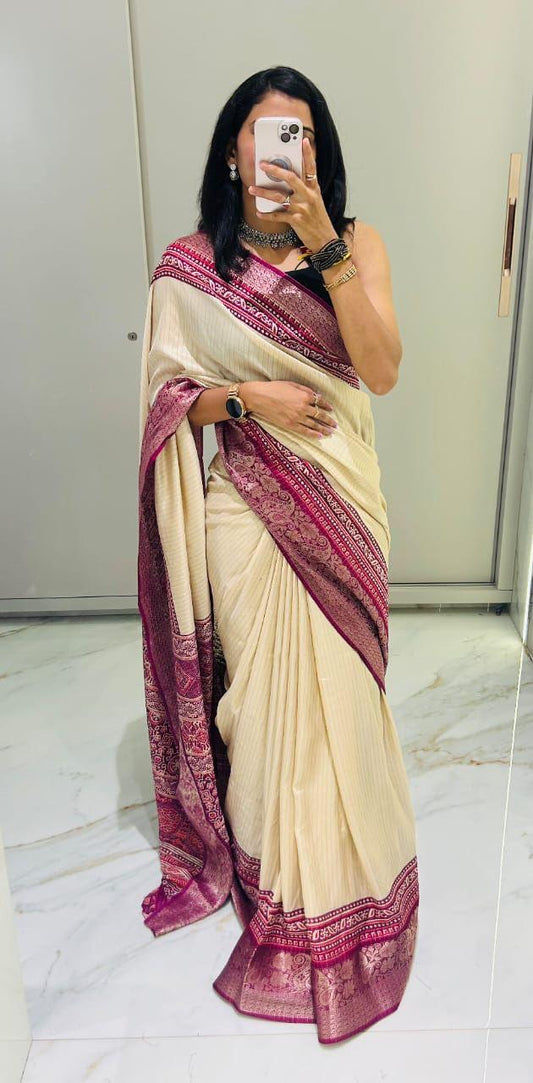 Beautiful Designer Ajrakh Silk Saree With Temple Border