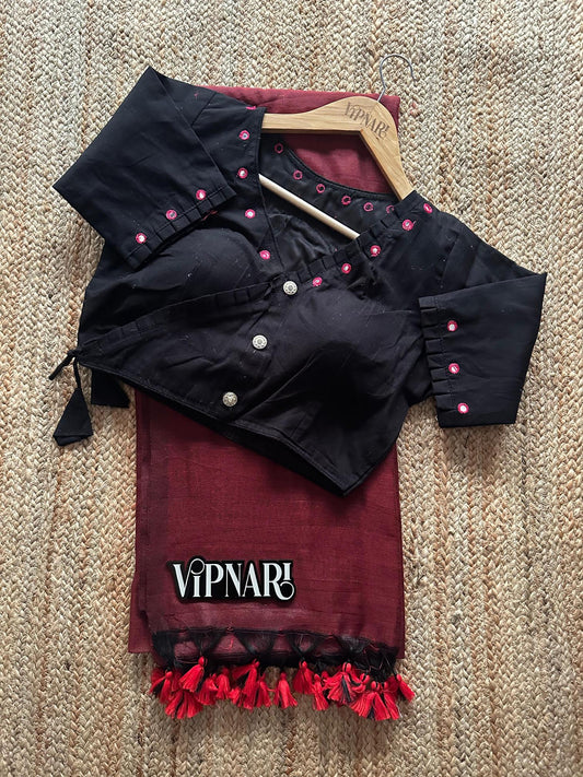 Most Elegant Handloom Cotton Saree With Stitched Designer Handwork Blouse