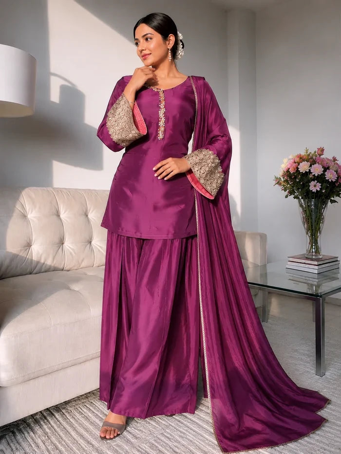 Amani Wine Embroidered Suit Set