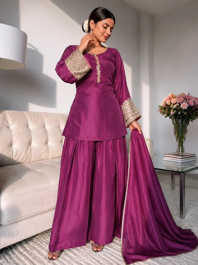 Amani Wine Embroidered Suit Set