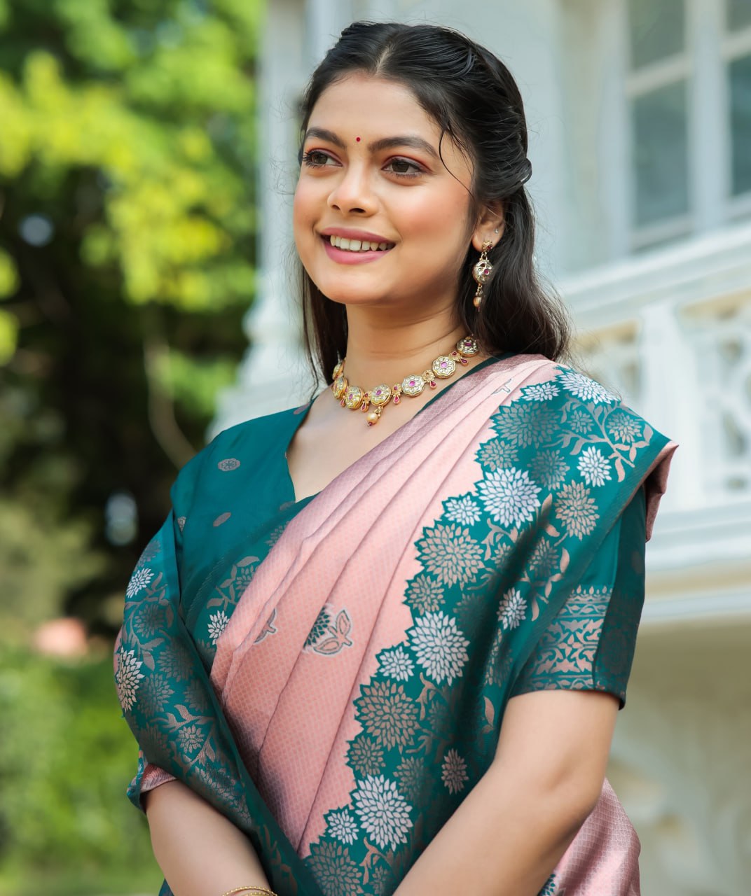 Most Charming Peach Banasari Silk Saree With Blouse