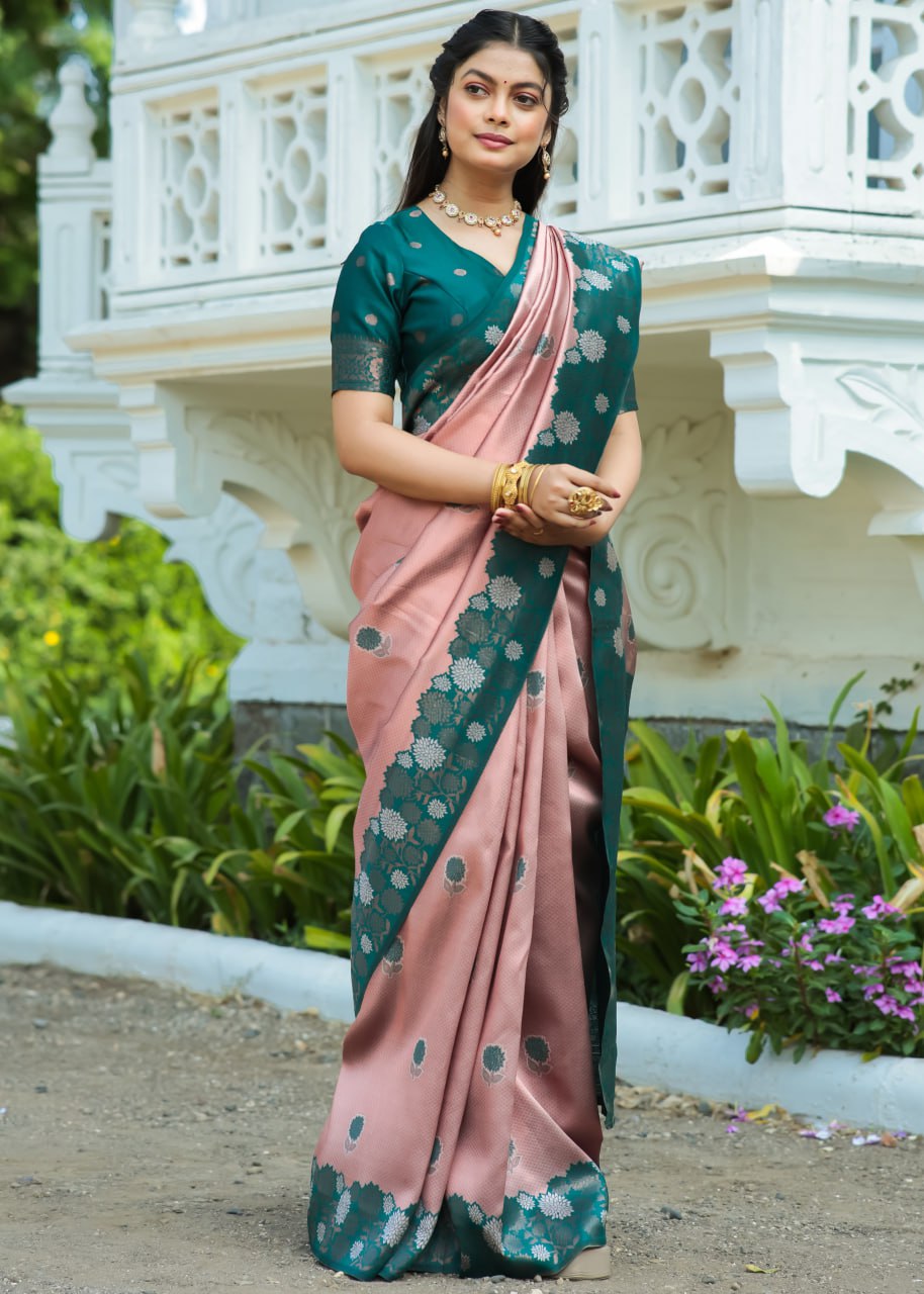 Most Charming Peach Banasari Silk Saree With Blouse