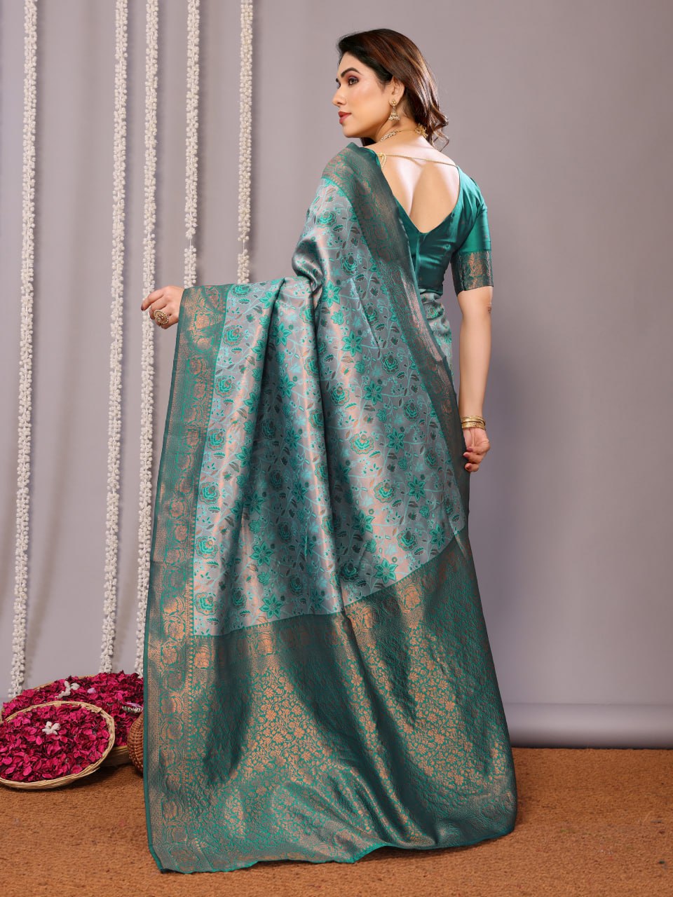 Most Stunning Teal Green Banasari Silk Saree With Blouse
