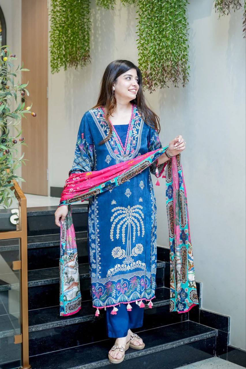 Navy Blue Embroidered Muslin Suit Set with Printed Dupatta