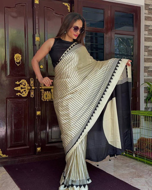 Tremendous Ajrakh Pure Gajji Silk Saree WIth Tassel