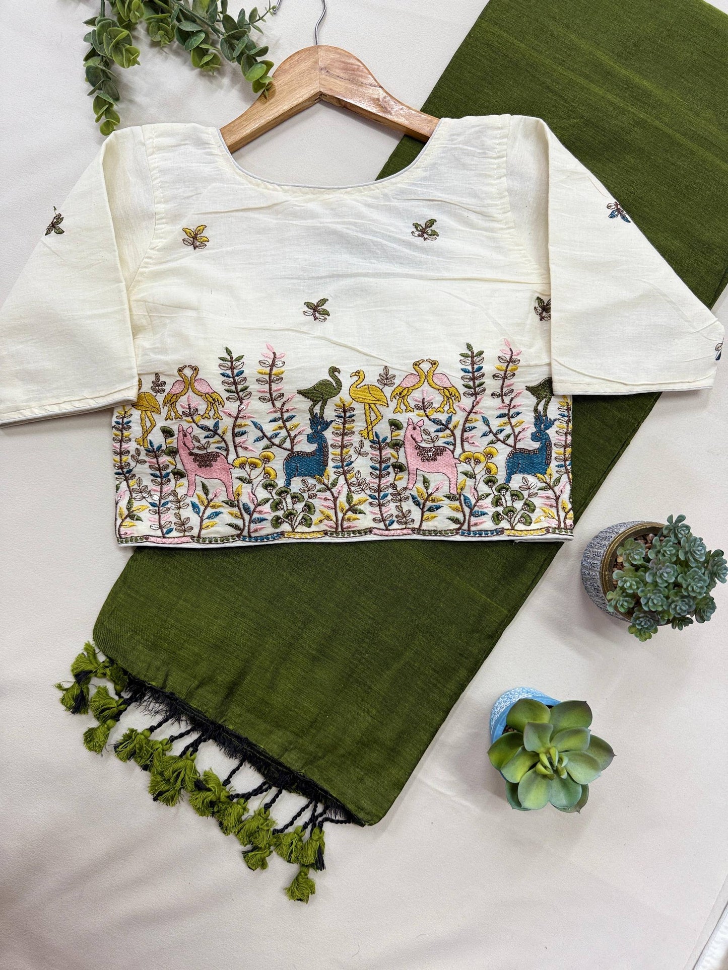 Pure Handloom Cotton Saree With Stitched Handwork Blouse