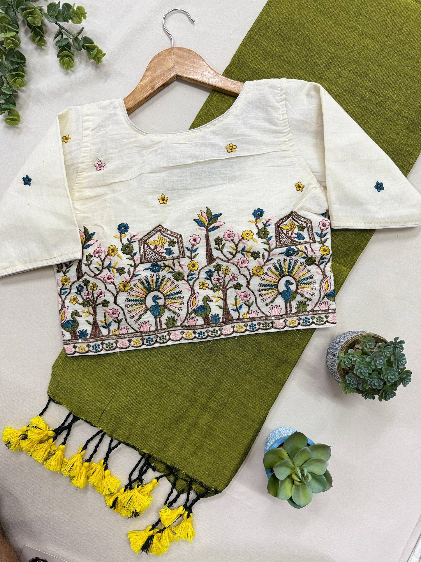 Parrot Pure Handloom Cotton Saree With Stitched Handwork Blouse
