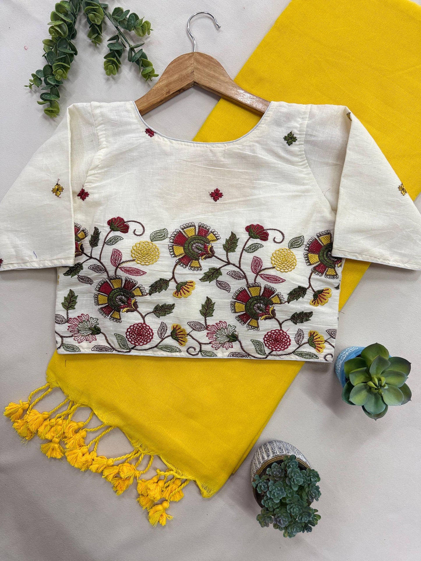 Pure Handloom Cotton Saree With Stitched Handwork Blouse