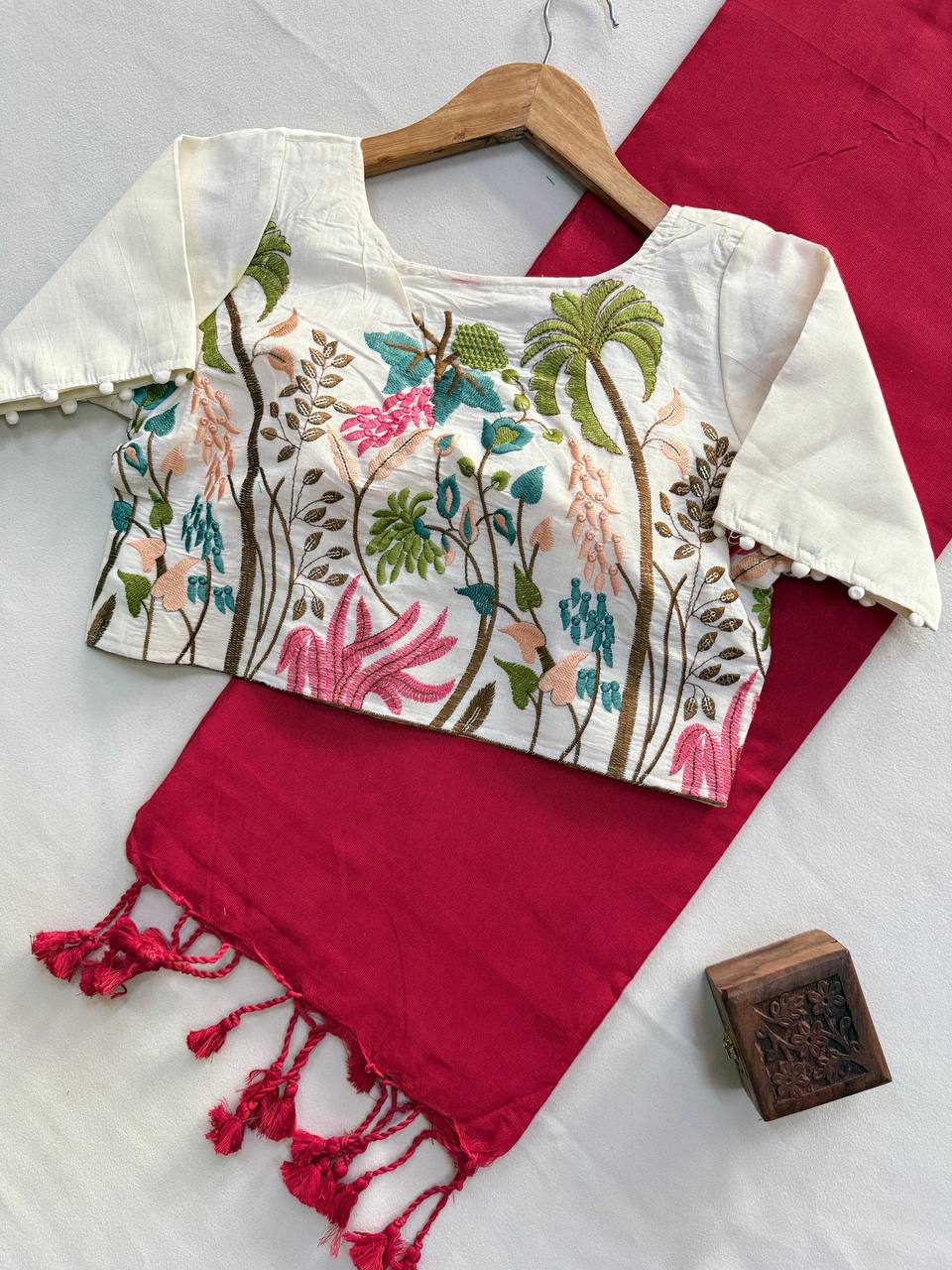 Pure Handloom Cotton Saree With Stitched Embroidery Blouse