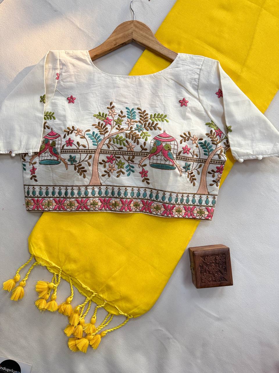 Pure Handloom Cotton Saree With Stitched Embroidery Blouse