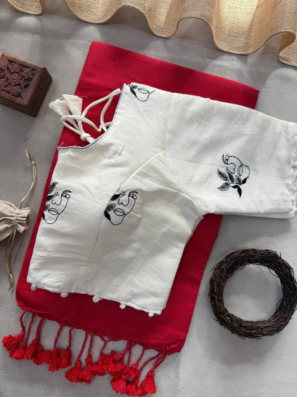 Pure Handloom Cotton Saree With Stitched Embroidery Blouse