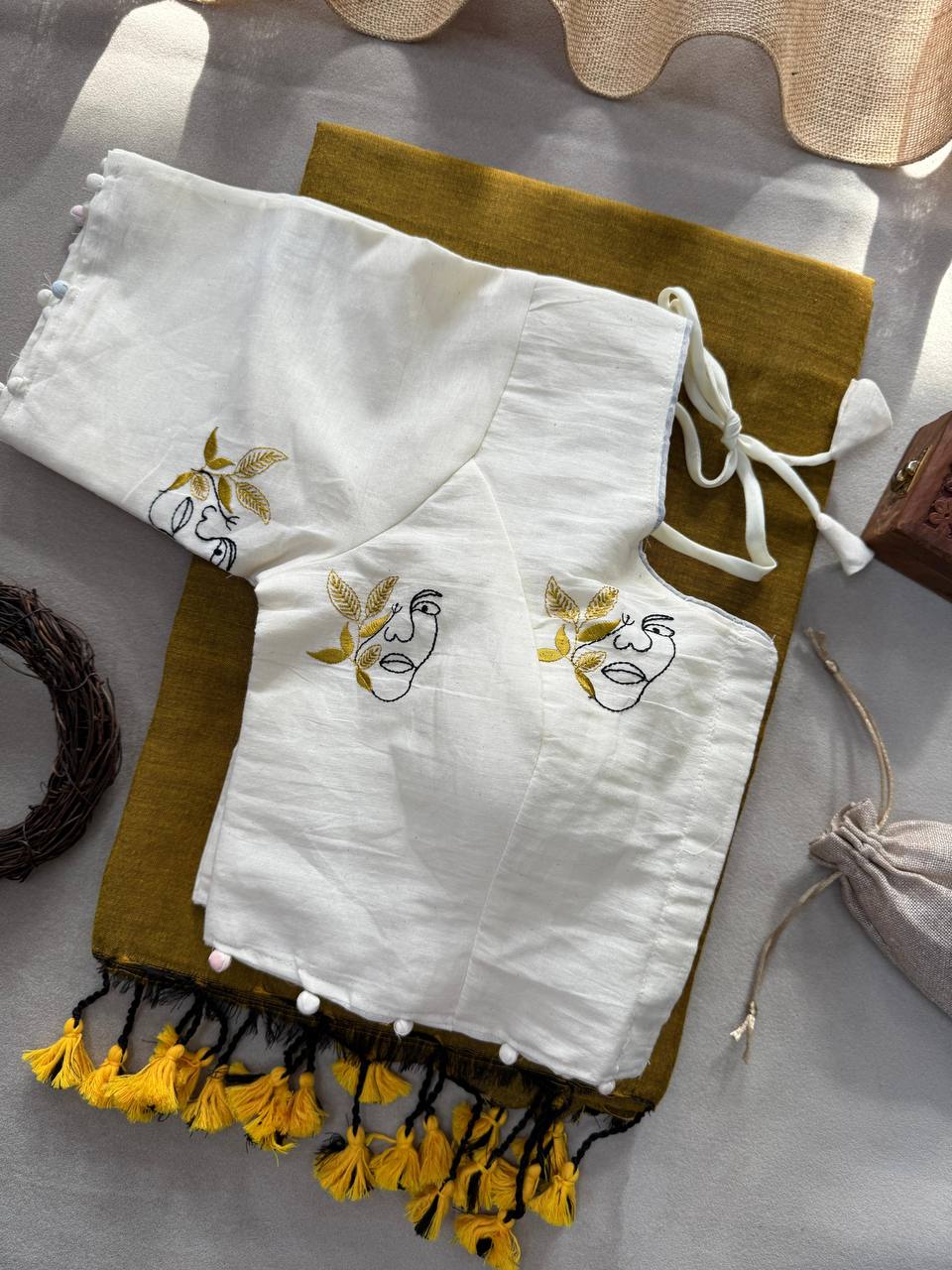 Pure Handloom Cotton Saree With Stitched Embroidery Blouse