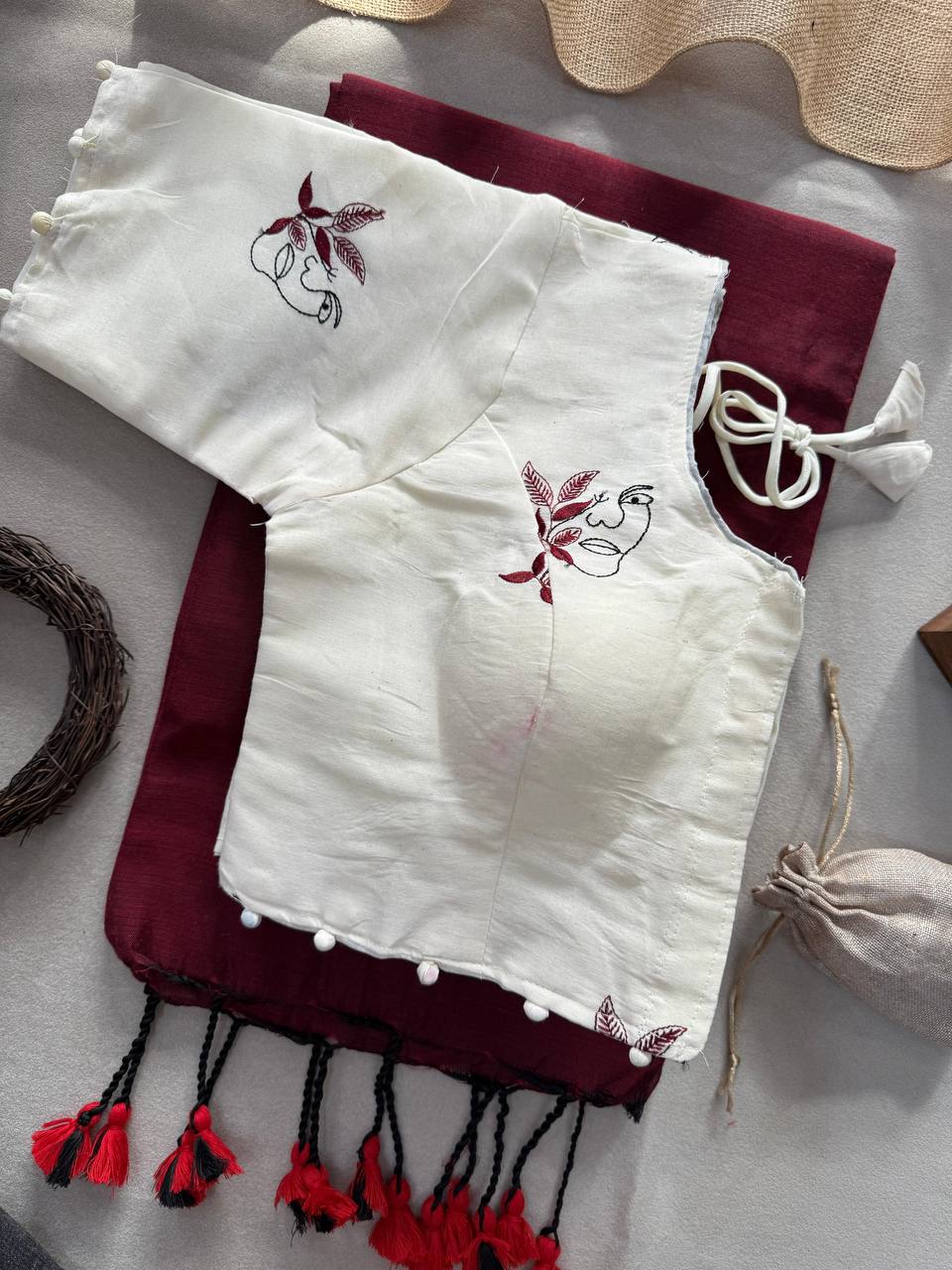 Pure Handloom Cotton Saree With Stitched Embroidery Blouse