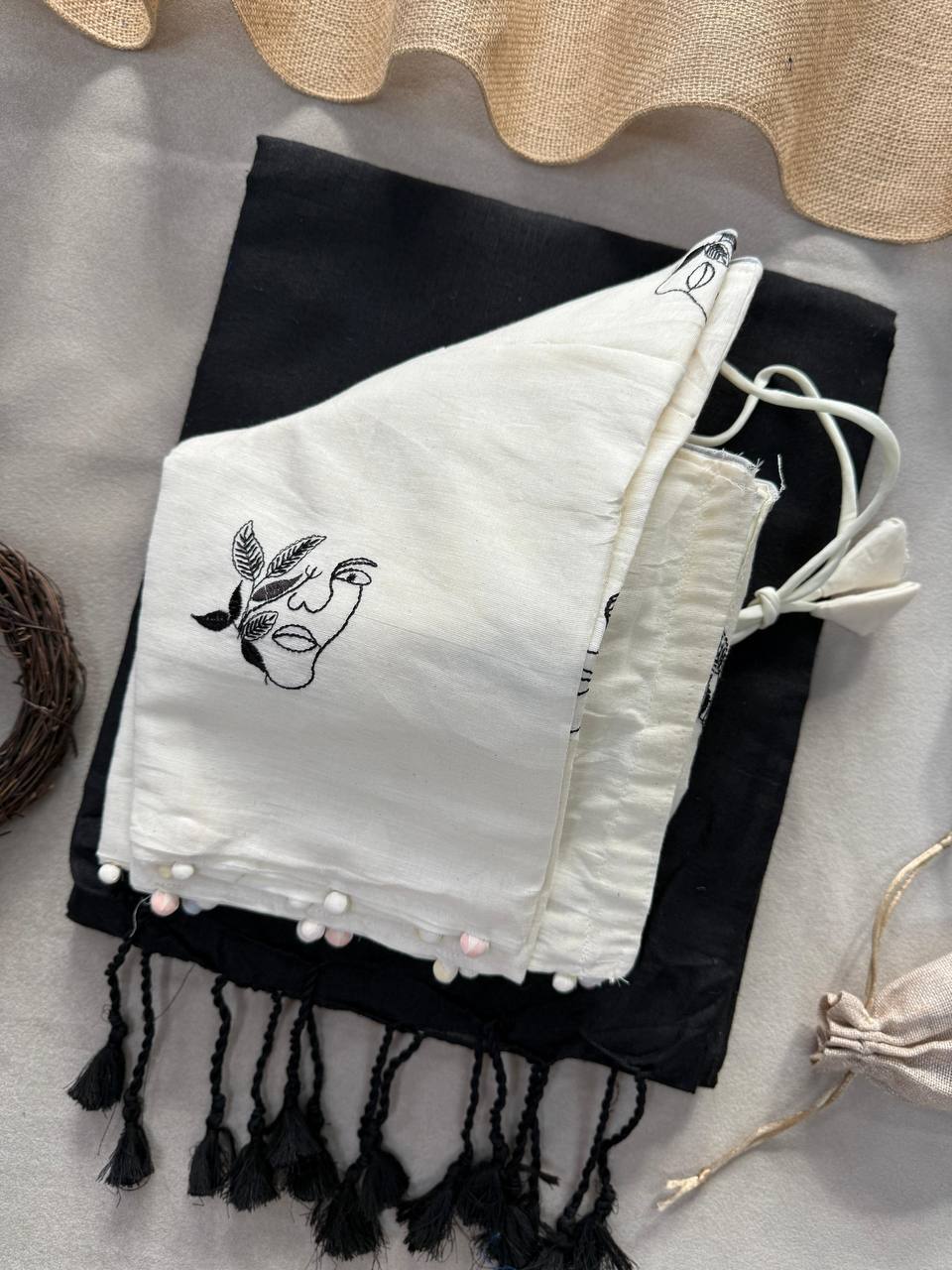 Pure Handloom Cotton Saree With Stitched Embroidery Blouse