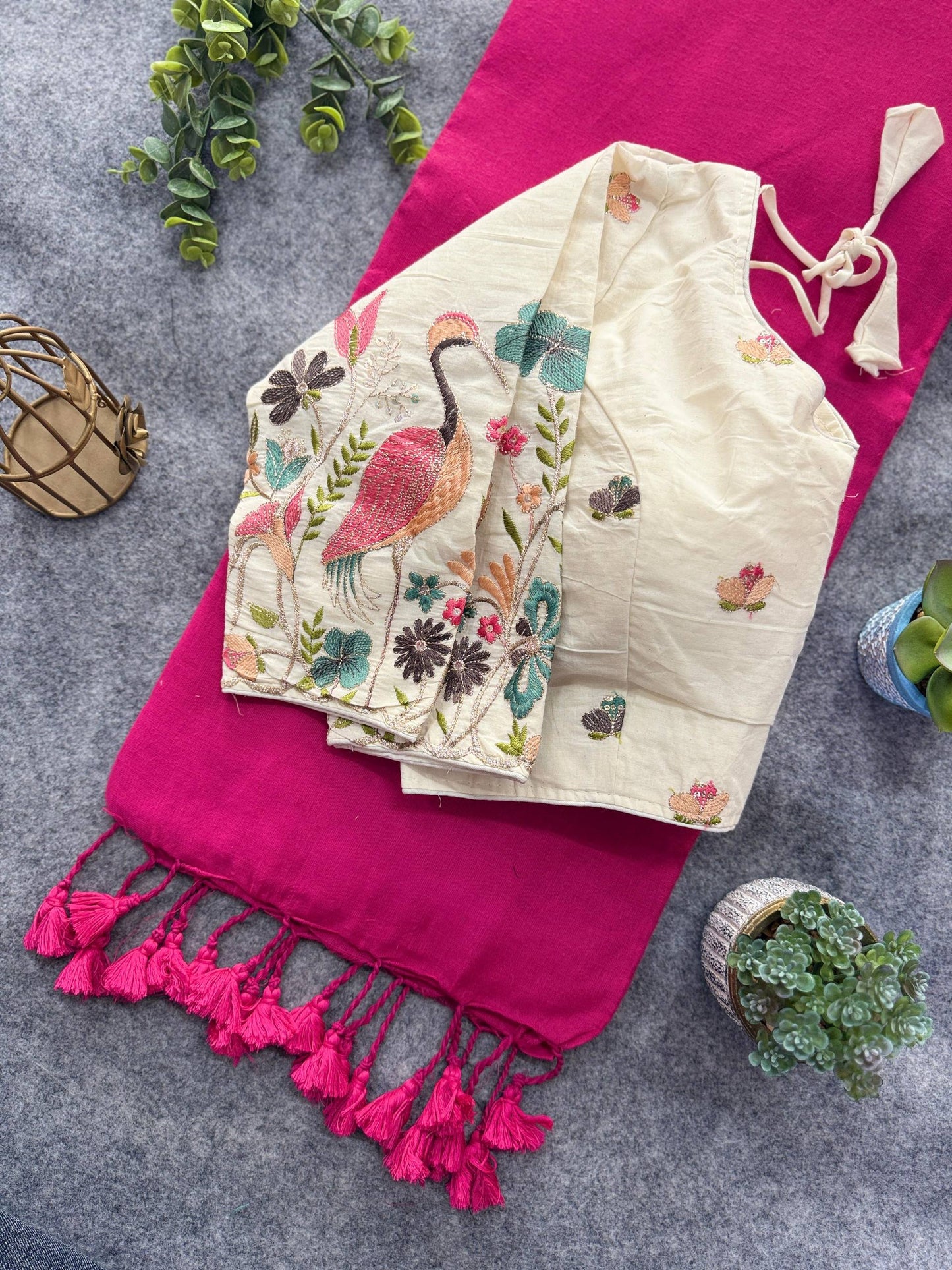 Pure Handloom Cotton Saree With Stitched Embroidery Blouse