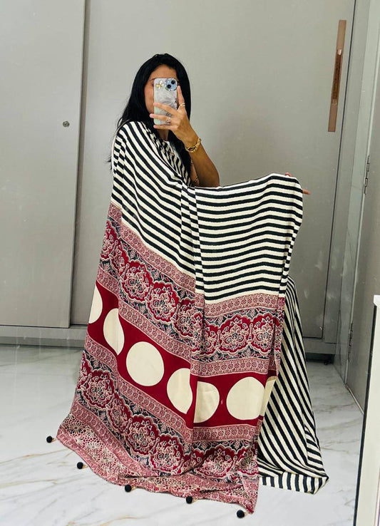 Most Elegant Ajrakh Pure Gajji Silk Saree WIth Tassel