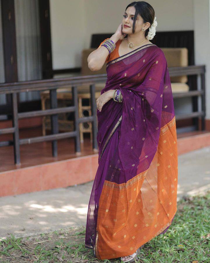Most Elegant Wine Pure Cotton Silk Saree With Contras Blouse